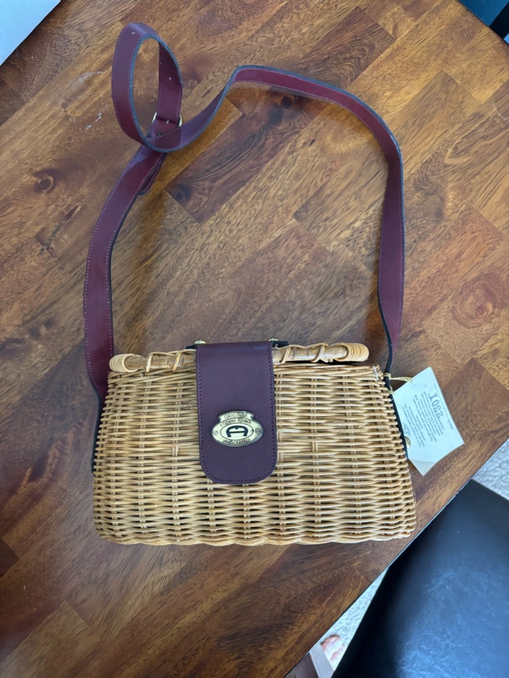 VINTAGE Etienne Aigner Wicker Crossbody with Brown Leather Trim
